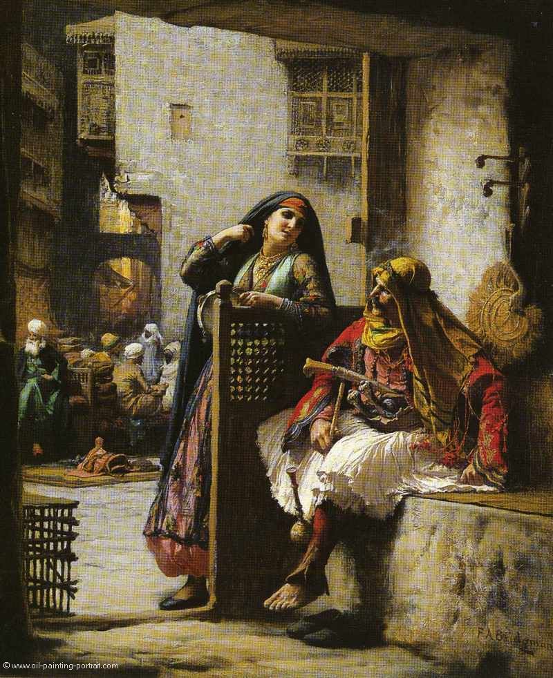 Almeh Flirting With An Armenian Policeman by Frederick Arthur Bridgman